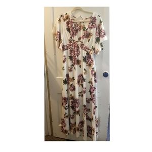 White maxi with purple/pink flowers